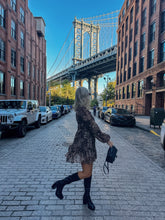 Load image into Gallery viewer, leopard print smock dress, mesh overlay leopard smock dress, autumn smock dress, long sleeved smock dress