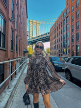 Load image into Gallery viewer, leopard print smock dress, mesh overlay leopard smock dress, autumn smock dress, long sleeved smock dress