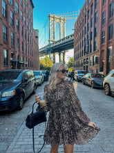 Load image into Gallery viewer, leopard print smock dress, mesh overlay leopard smock dress, autumn smock dress, long sleeved smock dress