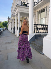 Load image into Gallery viewer, purple floral maxi skirt, purple floral skirt, tiered maxi skirt, ruffle maxi skirt, floral ruffle maxi skirt