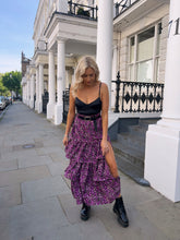 Load image into Gallery viewer, purple floral maxi skirt, purple floral skirt, tiered maxi skirt, ruffle maxi skirt, floral ruffle maxi skirt