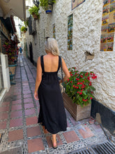 Load image into Gallery viewer, black linen midi dress, black contrast stitch midi dress, black and white midi dress, black cut out midi dress, day dress, old money dress, monochrome dress, black and white dress