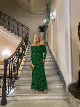 Load image into Gallery viewer, green bardot maxi dress, green wedding guest dress, green off the shoulder maxi dress, green mesh burnout maxi dress, emerald green dress, emerald green maxi dress, wedding guest dress