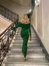 Load image into Gallery viewer, green bardot maxi dress, green wedding guest dress, green off the shoulder maxi dress, green mesh burnout maxi dress, emerald green dress, emerald green maxi dress, wedding guest dress