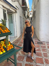 Load image into Gallery viewer, black linen midi dress, black contrast stitch midi dress, black and white midi dress, black cut out midi dress, day dress, old money dress, monochrome dress, black and white dress