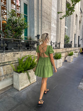 Load image into Gallery viewer, green smock dress, green linen smock dress, holiday dress, cut out back smock dress