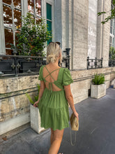 Load image into Gallery viewer, green smock dress, green linen smock dress, holiday dress, cut out back smock dress