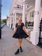 Load image into Gallery viewer, black smock dress, smock dress, backless smock dress, cut out back smock dress, black mini smock dress, black tiered smock dress