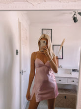 Load image into Gallery viewer, peach satin mini dress, pink satin mini dress, strappy satin mini dress, shiny cami mini dress, satin cami mini dress
