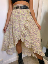 Load image into Gallery viewer, yellow floral wrap skirt, floral wrap midi skirt, floral midi skirt, yellow floral skirt, floral ruffle midi skirt