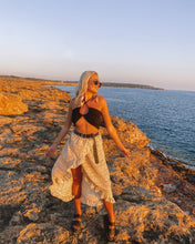 Load image into Gallery viewer, yellow floral wrap skirt, floral wrap midi skirt, floral midi skirt, yellow floral skirt, floral ruffle midi skirt