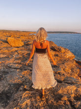 Load image into Gallery viewer, yellow floral wrap skirt, floral wrap midi skirt, floral midi skirt, yellow floral skirt, floral ruffle midi skirt