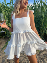 Load image into Gallery viewer, white ruffle smock dress, white ruffle beach dress, white smock dress, white beach dress, white mini dress