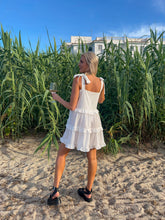 Load image into Gallery viewer, white ruffle smock dress, white ruffle beach dress, white smock dress, white beach dress, white mini dress