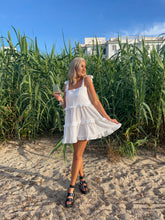 Load image into Gallery viewer, white ruffle smock dress, white ruffle beach dress, white smock dress, white beach dress, white mini dress