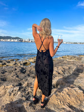 Load image into Gallery viewer, black mesh midi dress, black mesh floral dress, black mesh burnout midi dress, black midi beach dress, black floral midi dress