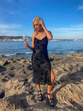 Load image into Gallery viewer, black mesh midi dress, black mesh floral dress, black mesh burnout midi dress, black midi beach dress, black floral midi dress