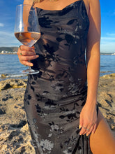 Load image into Gallery viewer, black mesh midi dress, black mesh floral dress, black mesh burnout midi dress, black midi beach dress, black floral midi dress