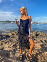 Load image into Gallery viewer, black mesh midi dress, black mesh floral dress, black mesh burnout midi dress, black midi beach dress, black floral midi dress