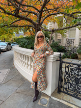 Load image into Gallery viewer, floral midi dress, autumn midi dress, floral midi day dress, sweetheart neck midi dress, tie back floral midi dress, 
