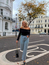 Load image into Gallery viewer, black off the shoulder top, black bardot top, jeans and a nice top, black mesh burnout bardot top, black mesh burnout top, black dressy top, black long sleeved top, black long sleeved night out top
