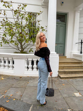 Load image into Gallery viewer, black off the shoulder top, black bardot top, jeans and a nice top, black mesh burnout bardot top, black mesh burnout top, black dressy top, black long sleeved top, black long sleeved night out top
