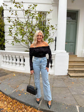 Load image into Gallery viewer, black off the shoulder top, black bardot top, jeans and a nice top, black mesh burnout bardot top, black mesh burnout top, black dressy top, black long sleeved top, black long sleeved night out top
