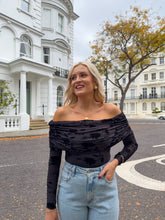 Load image into Gallery viewer, black off the shoulder top, black bardot top, jeans and a nice top, black mesh burnout bardot top, black mesh burnout top, black dressy top, black long sleeved top, black long sleeved night out top
