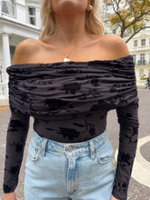 Load image into Gallery viewer, black off the shoulder top, black bardot top, jeans and a nice top, black mesh burnout bardot top, black mesh burnout top, black dressy top, black long sleeved top, black long sleeved night out top
