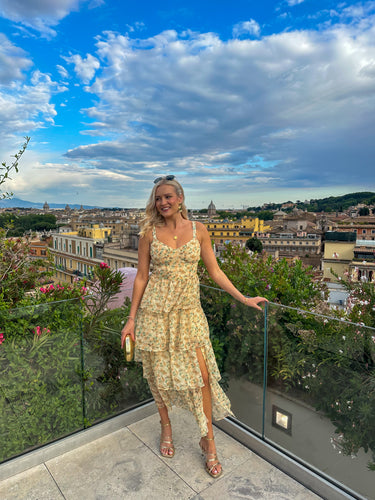 yellow wedding guest dress, butter yellow dress, butter yellow ruffle dress, ruffle wedding guest dress, floral wedding guest dress, yellow floral ruffle midi dress