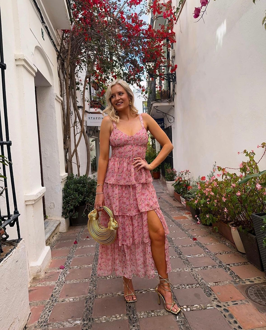 Puglia pink tiered floral ruffle maxi dress azura rose Puglia pink tiered floral ruffle maxi dress azura rose