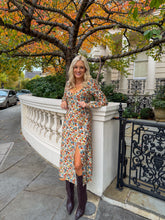 Load image into Gallery viewer, floral midi dress, autumn midi dress, floral midi day dress, sweetheart neck midi dress, tie back floral midi dress, 
