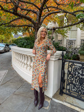 Load image into Gallery viewer, floral midi dress, autumn midi dress, floral midi day dress, sweetheart neck midi dress, tie back floral midi dress, 
