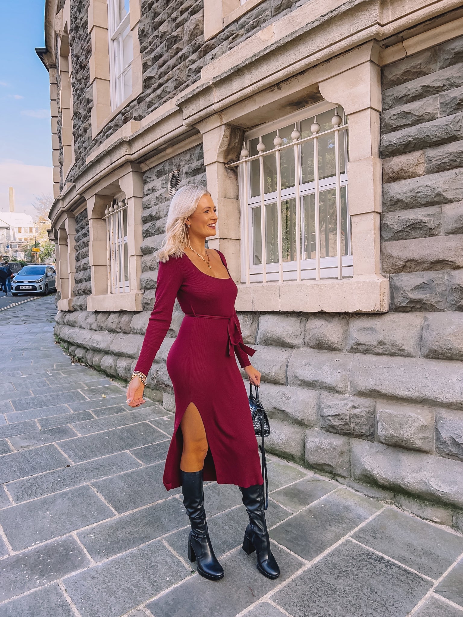 Premium burgundy tie waist knit midi dress azura rose Premium burgundy tie waist knit midi dress azura rose