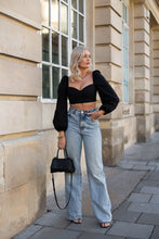 Load image into Gallery viewer, black top, black corset top, jeans and a nice top, long sleeved corset top, long sleeved black top
